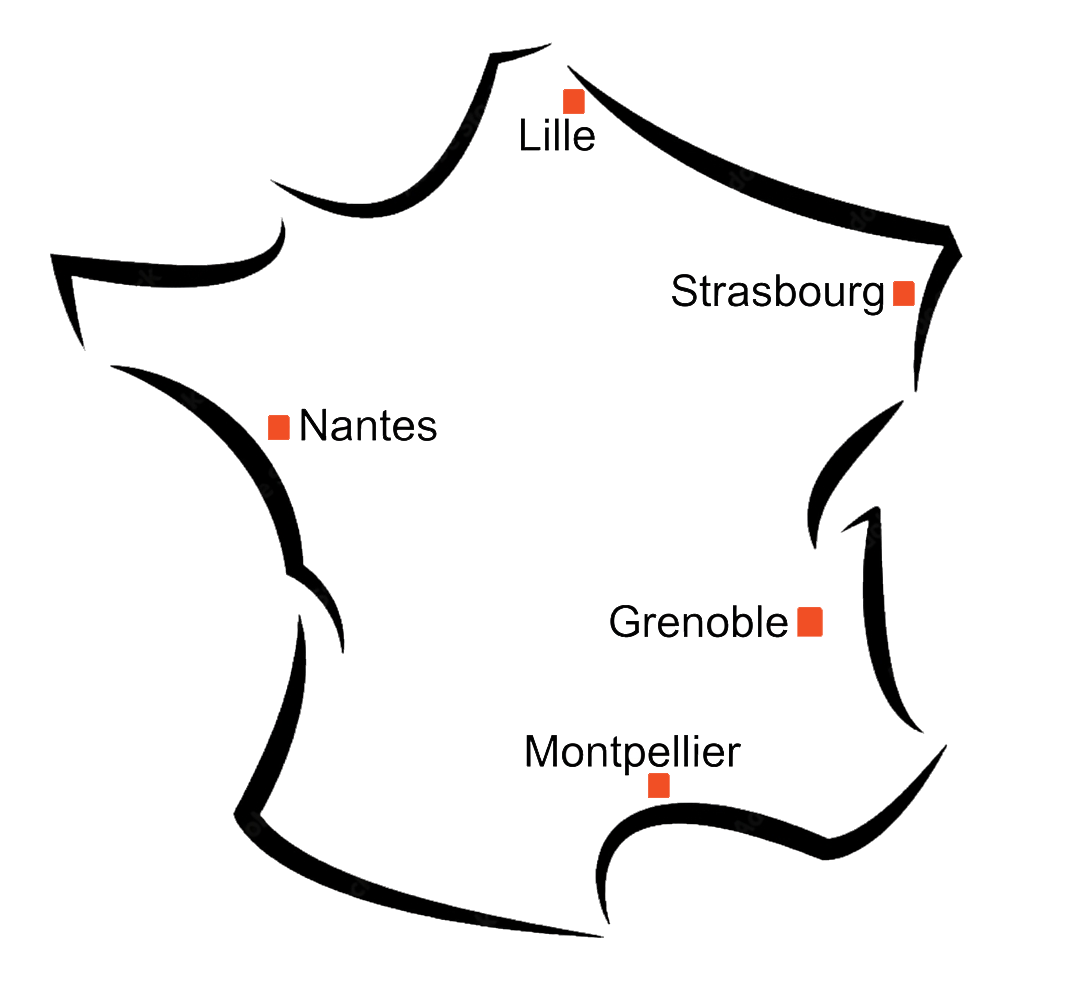 Carte des implantations régionales de Khoreos : Lille, Strasbourg, Nantes, Grenoble et Montpellier.